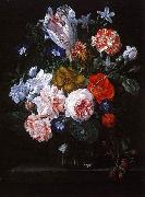 Nicolaes Van Verendael, A Tulip, Carnations and Morning Glory in a Glass Vase